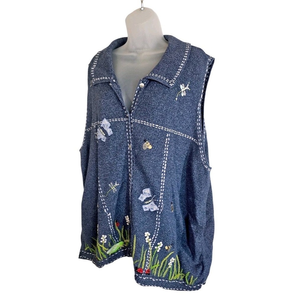 VTG QUACKER FACTORY Embroidered Butterflies & Honey Bees Blue Sweater Vest Sz 3X - Picture 4 of 11